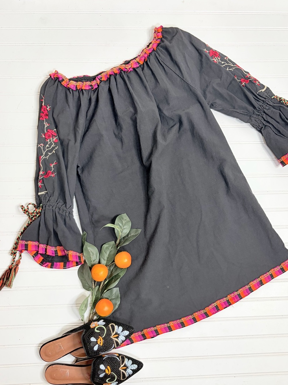 Velzera Tassel Trim Embroidered Shift Dress